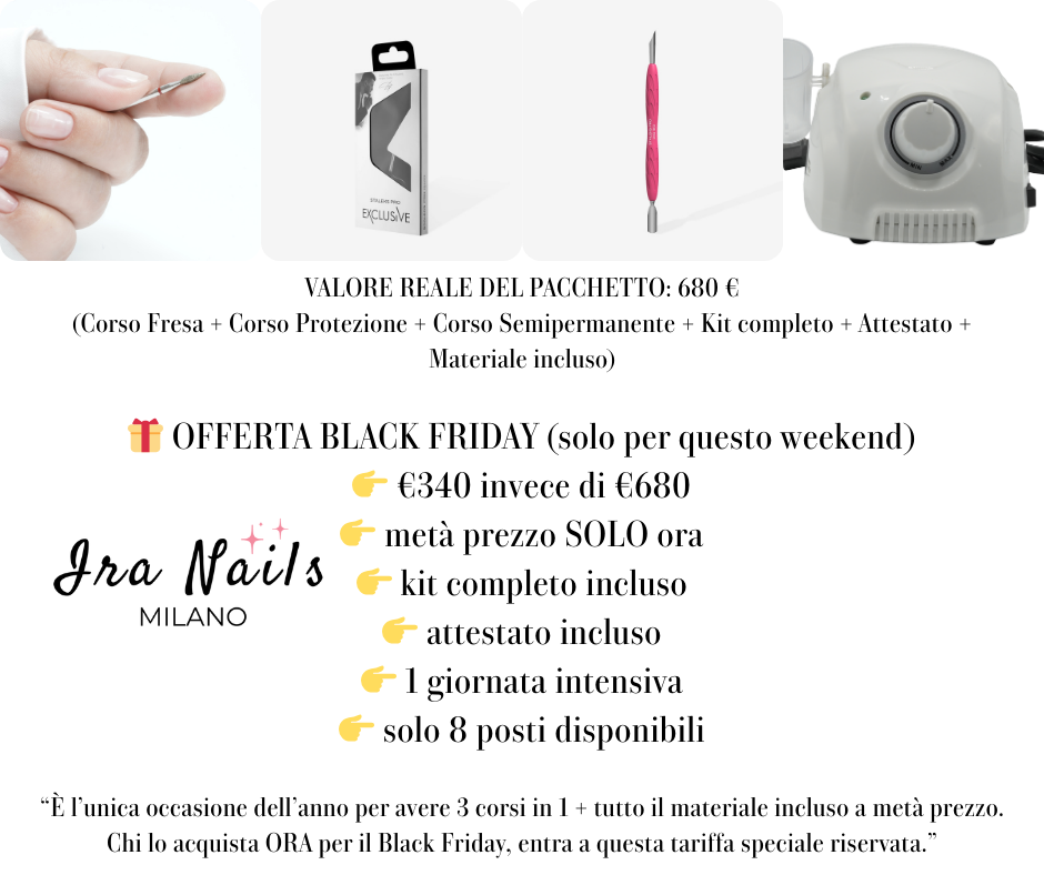 Corso Dry Manicure completo con kit o senza kit. Pacchetto 3 in 1, Corsi Unghie Professionali a Milano – Fresa, Protezione & Semipermanente. A soli €99