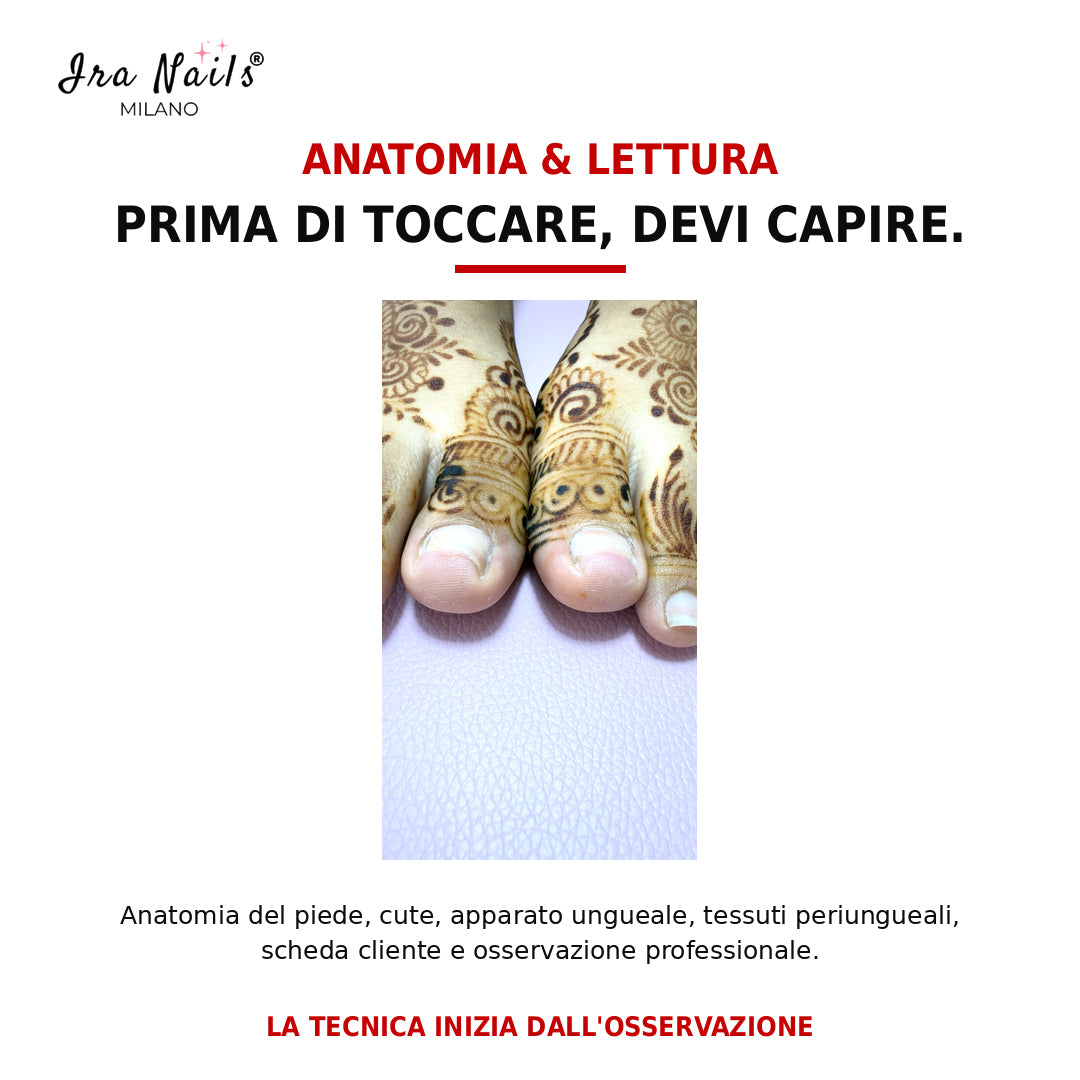 Corso Master Pedicure Ira Nails Milano su anatomia del piede, apparato ungueale, tessuti periungueali e osservazione professionale della cliente