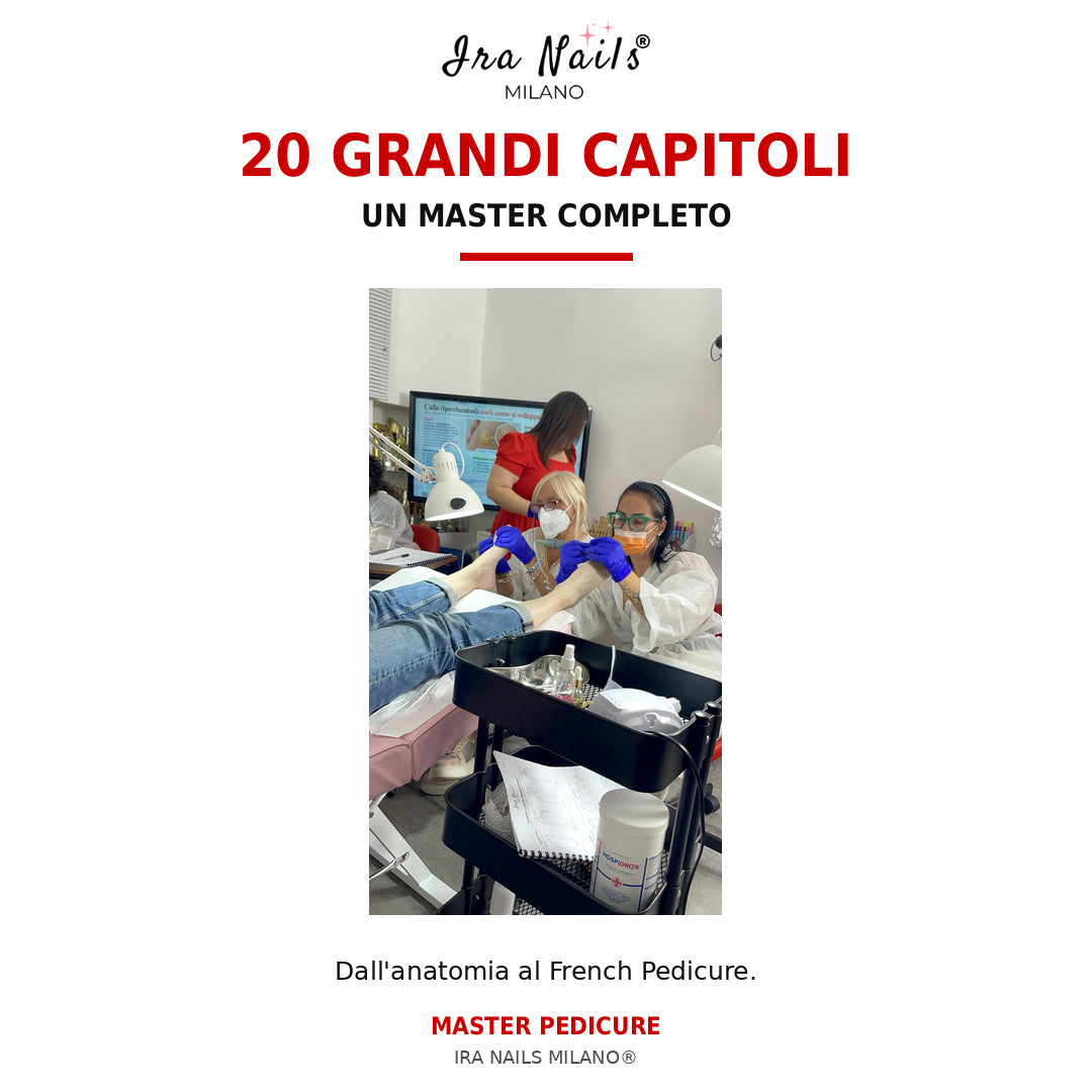 Corso Master Pedicure Ira Nails Milano con 20 capitoli, dall’anatomia del piede alla tecnica French Pedicure, con pratica su modella